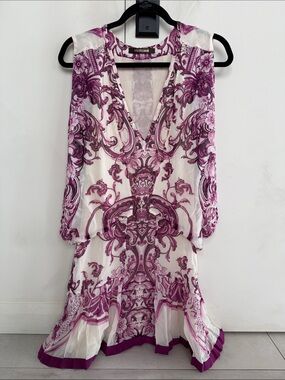 ROBERTO CAVALLI drape baroque V-Neck Floral Scroll Print dress Purple and White